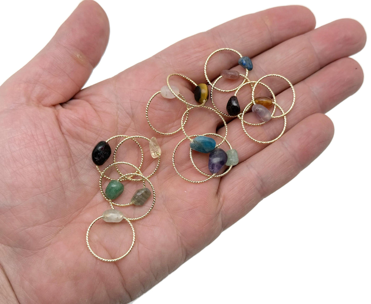 Dainty gemstone gold wire rings featuring natural crystal stones, showcasing a mix of colorful, handcrafted gemstone jewelry by GemstoneGO.