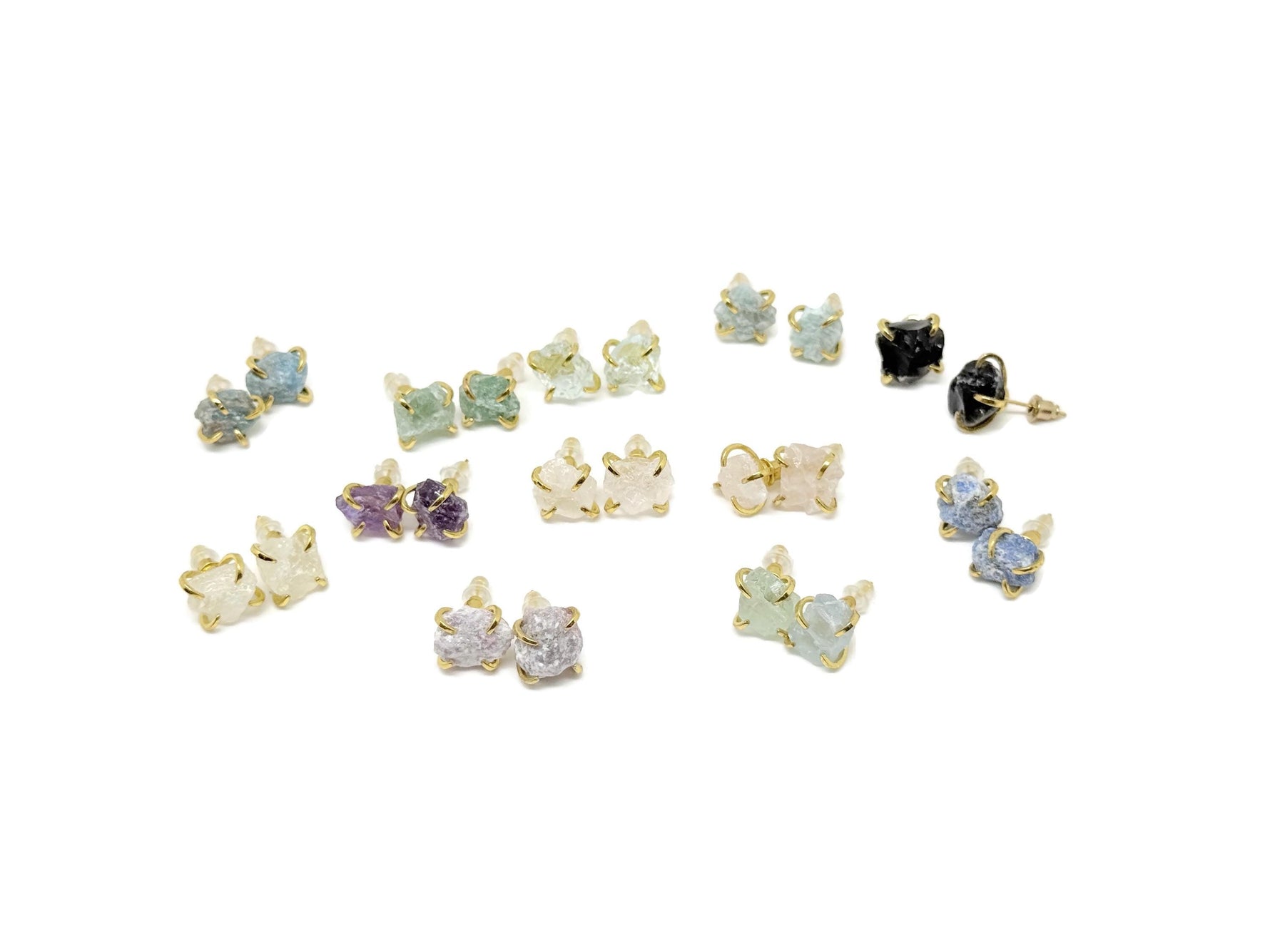 Rough crystal stud earrings by GemstoneGO featuring minimalist design with gold detailing, natural gemstone texture.