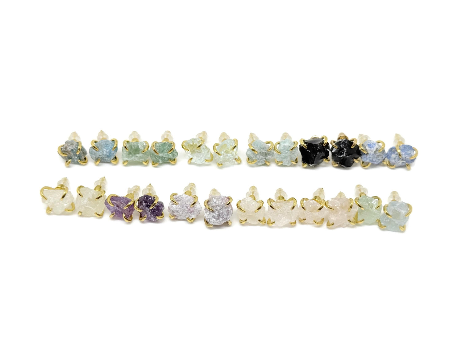 Rough crystal stud earrings with gold detailing from GemstoneGO, minimalist jewelry with natural gemstone textures.