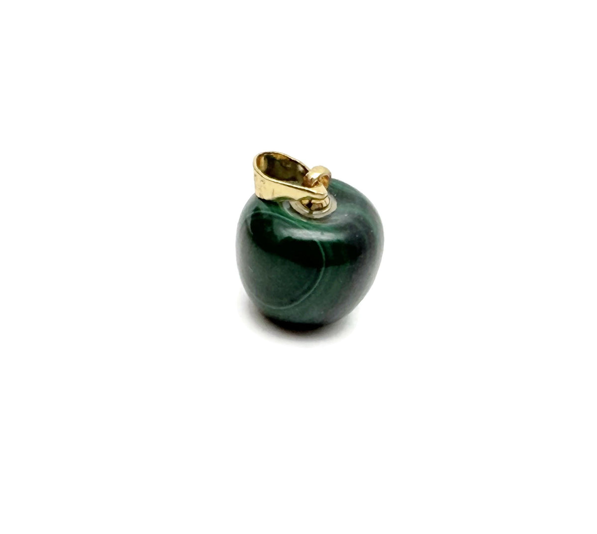 Malachite apple-shaped crystal pendant from GemstoneGO, semi-precious jewelry with vibrant green stone and polished finish.