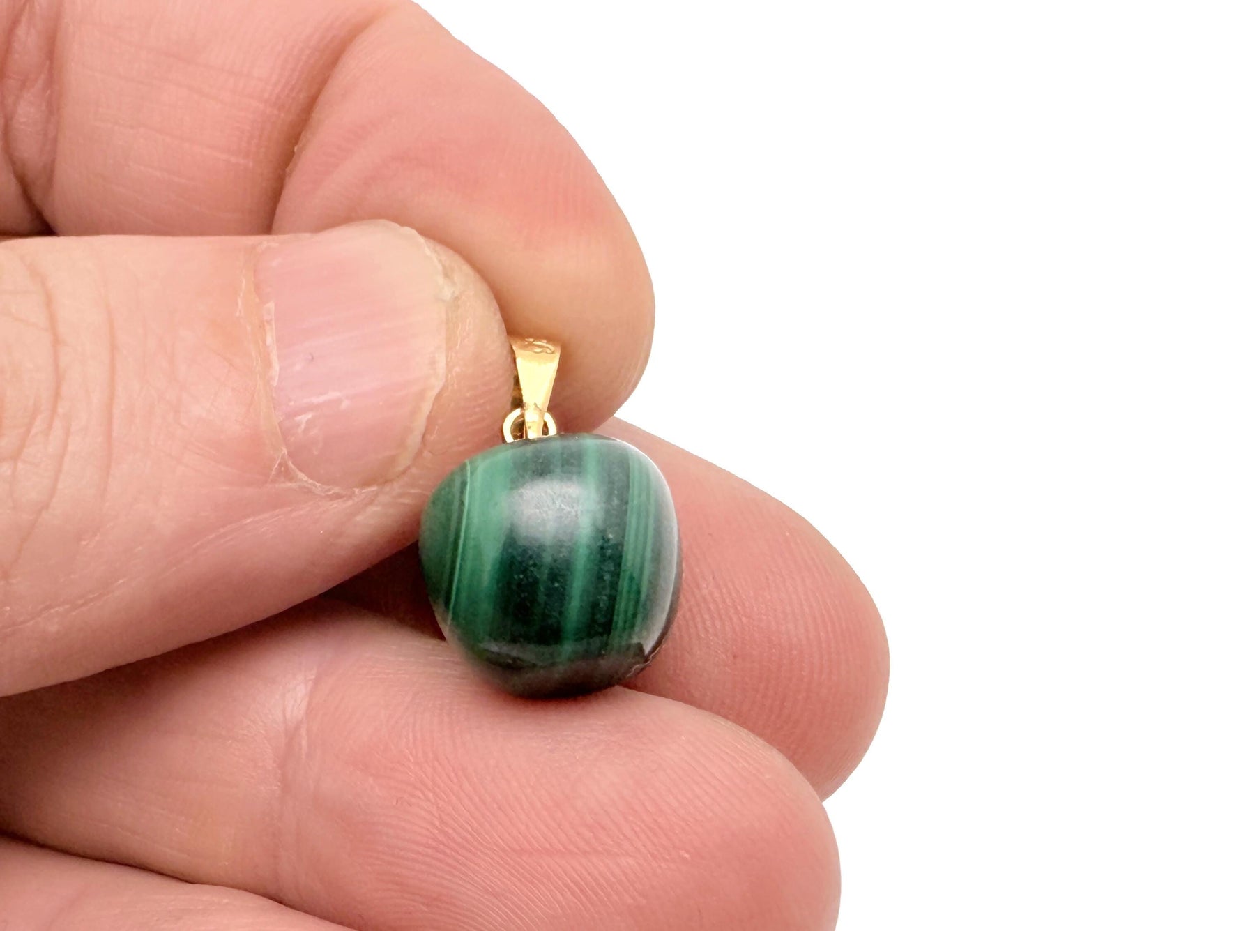 Malachite and apple-shaped crystal pendant from GemstoneGO, featuring vibrant green semi-precious gemstone jewelry.