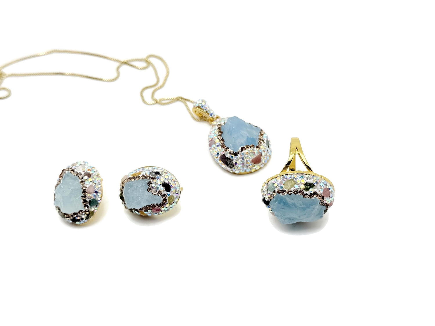 Handmade aquamarine jewelry set with boho chic design featuring matching necklace and earrings by GemstoneGO.