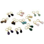 Gold plated gemstone drop hoop earrings with minimalist design, featuring natural colorful gemstones from GemstoneGO.