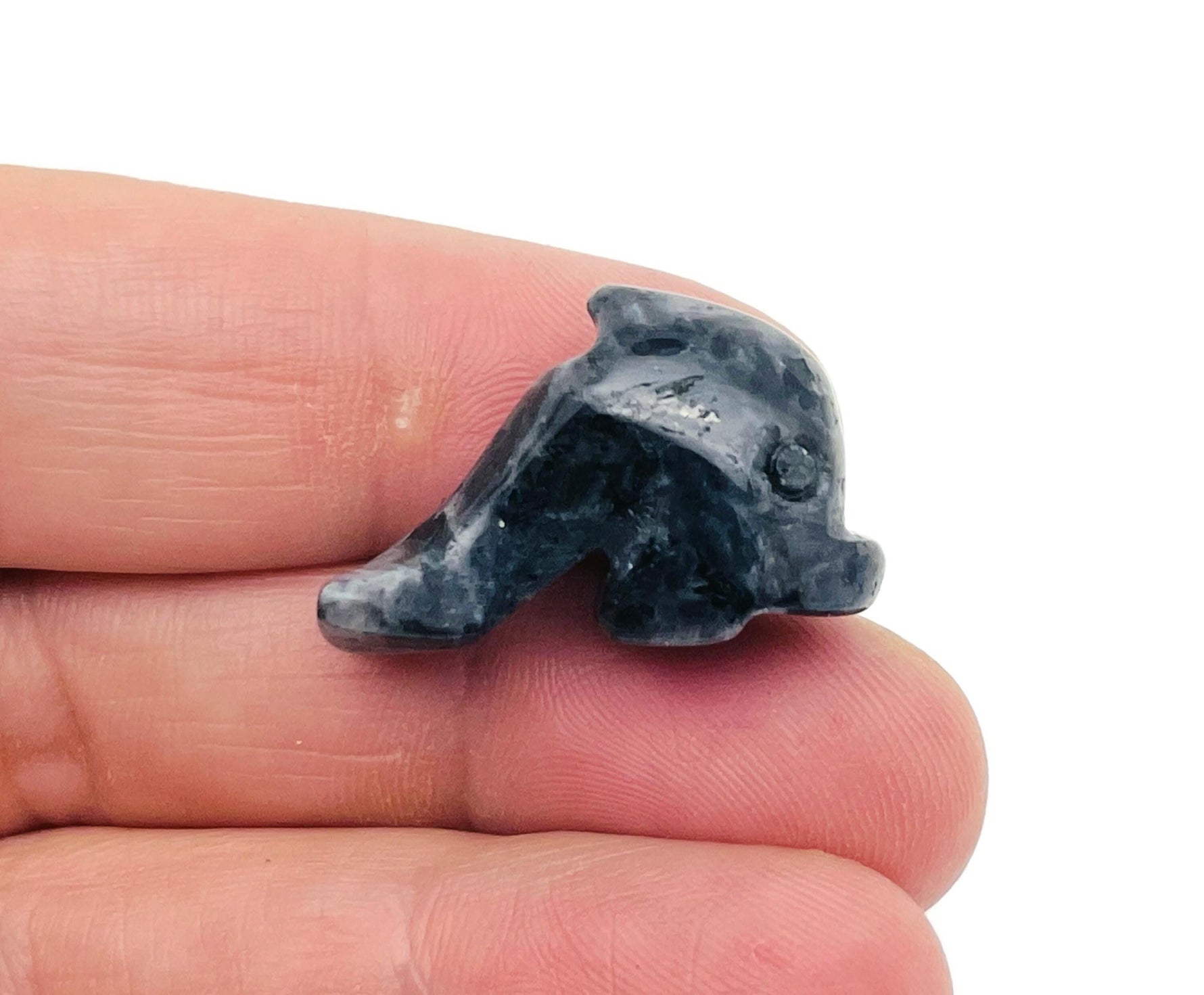 Handmade 30mm crystal dolphin animal figure by GemstoneGO, carved from colorful gemstones, detailed and decorative.