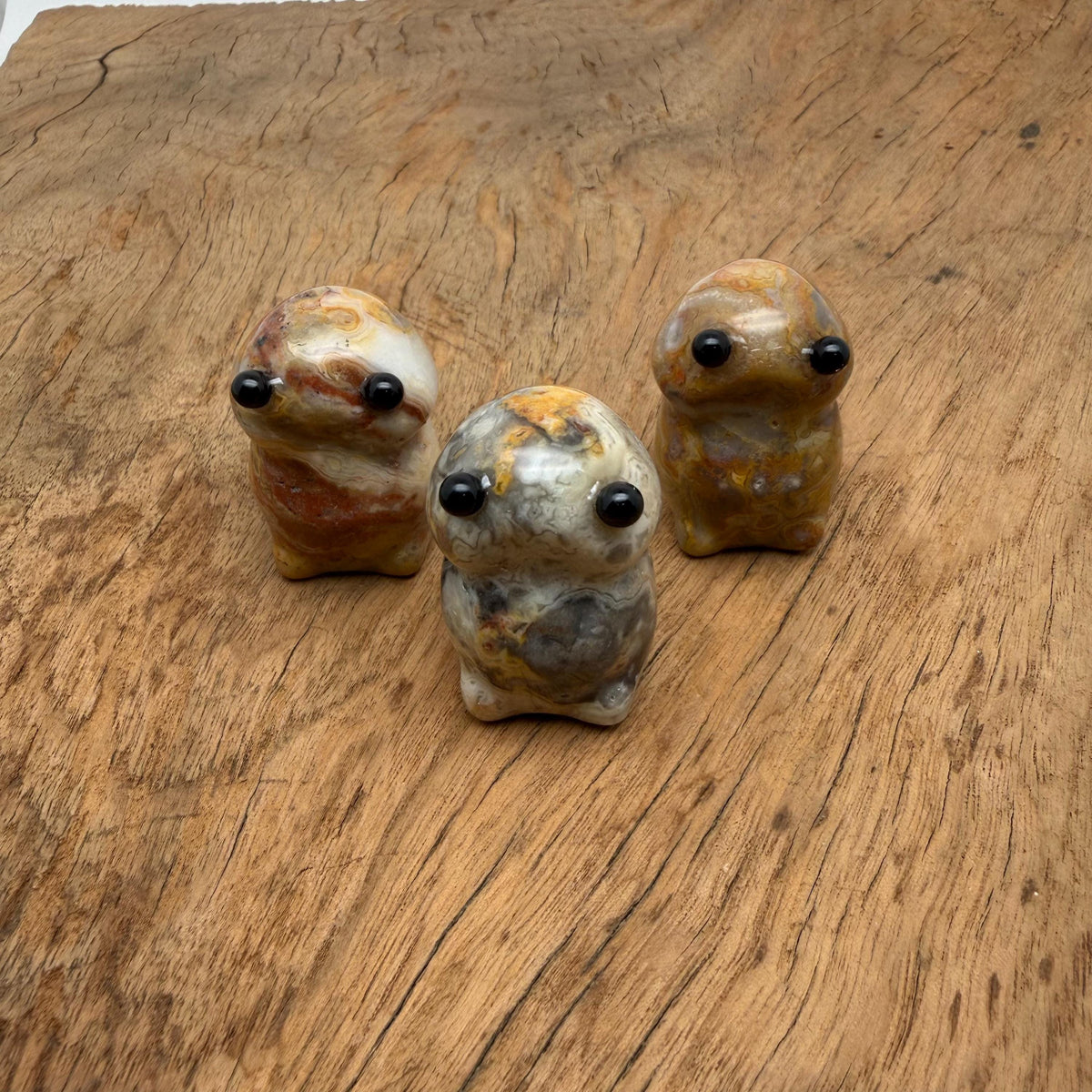 Handcrafted Crazy Lace Agate frog gemstone carving with intricate details, showcasing vibrant colors and a polished finish.