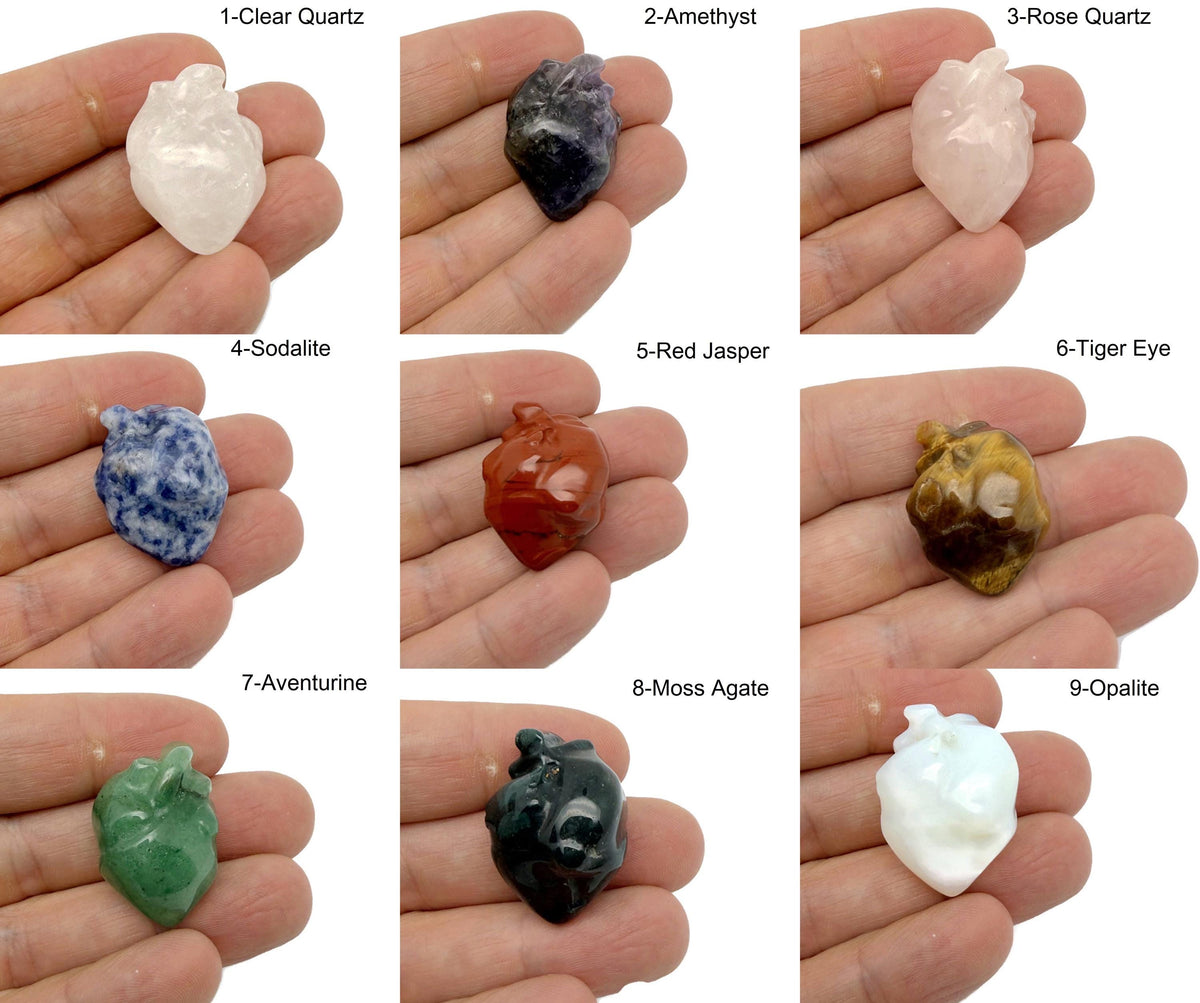 Handmade 30mm heart-shaped crystal gemstone carving by GemstoneGO, featuring intricate details and vibrant colors.