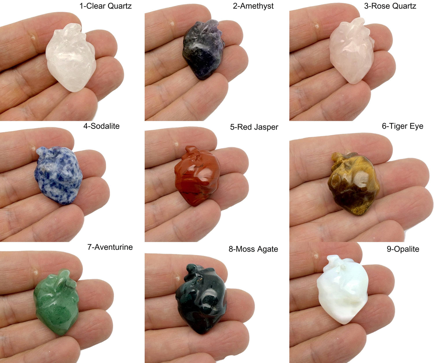 Handmade 30mm heart-shaped crystal gemstone carving by GemstoneGO, featuring intricate details and vibrant colors.