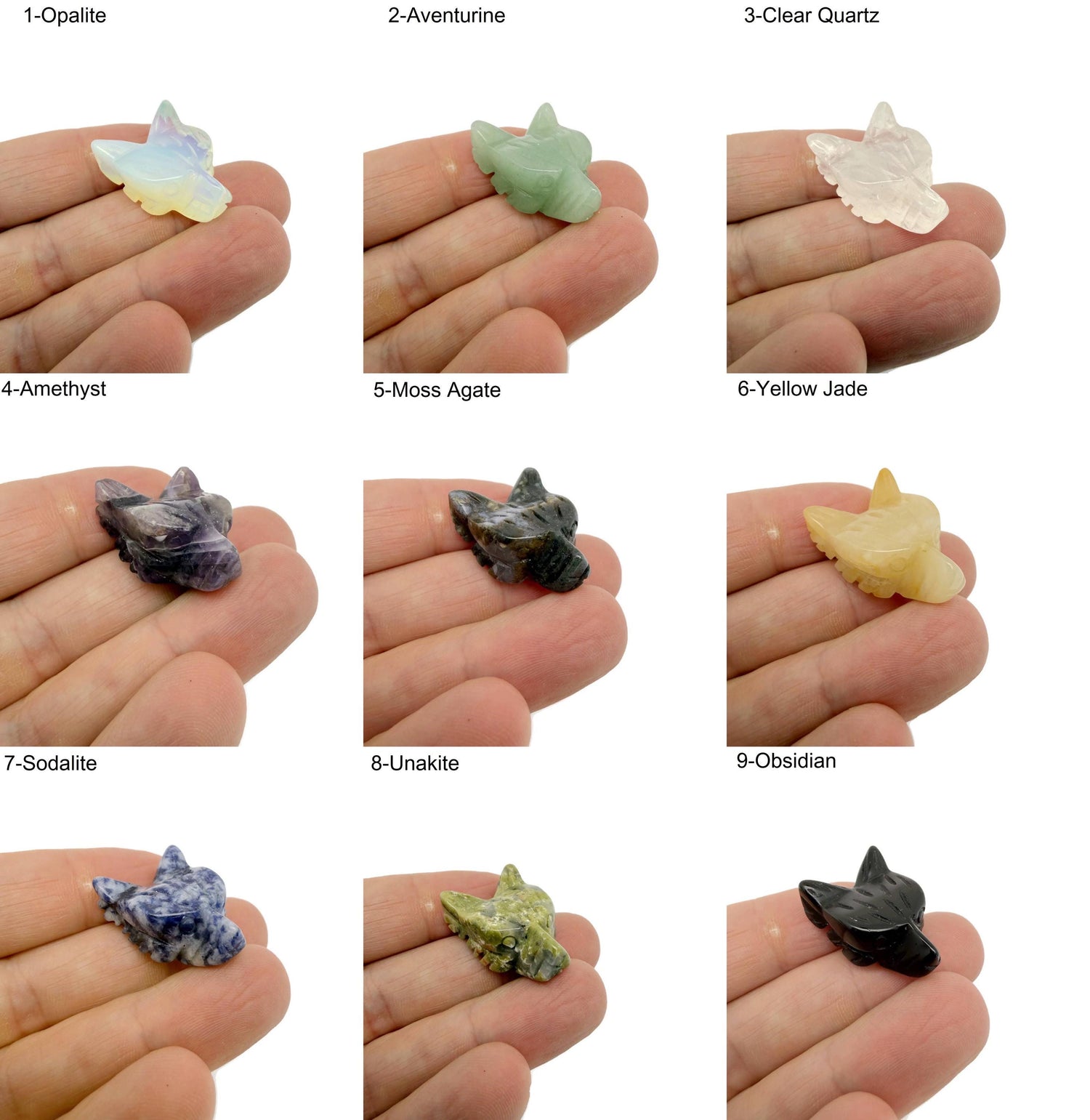 Handmade 30mm crystal wolf head animal figure by GemstoneGO, carved from colorful gemstones, detailed and natural in appearance.