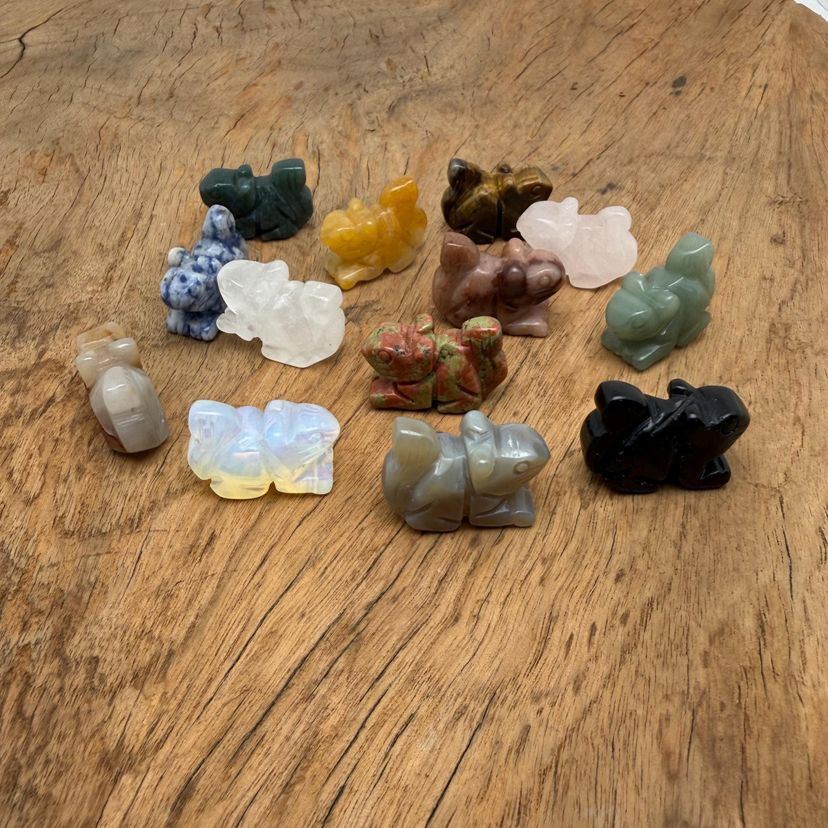 Handmade carved crystal squirrel animal figure, 30mm, with colorful gemstone details, by GemstoneGO.