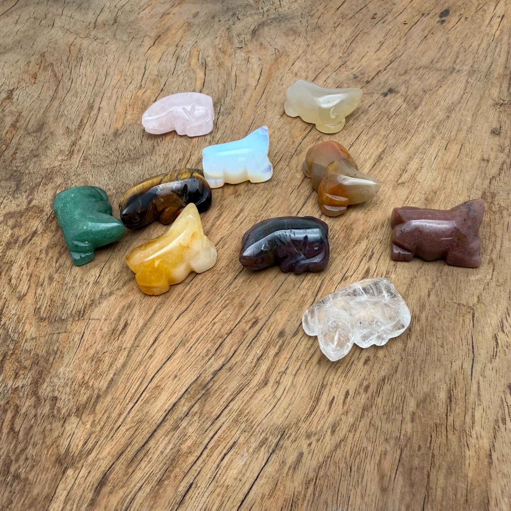 Handmade carved crystal lizard animal figure from GemstoneGO, 30mm size, featuring colorful mixed gemstone details.