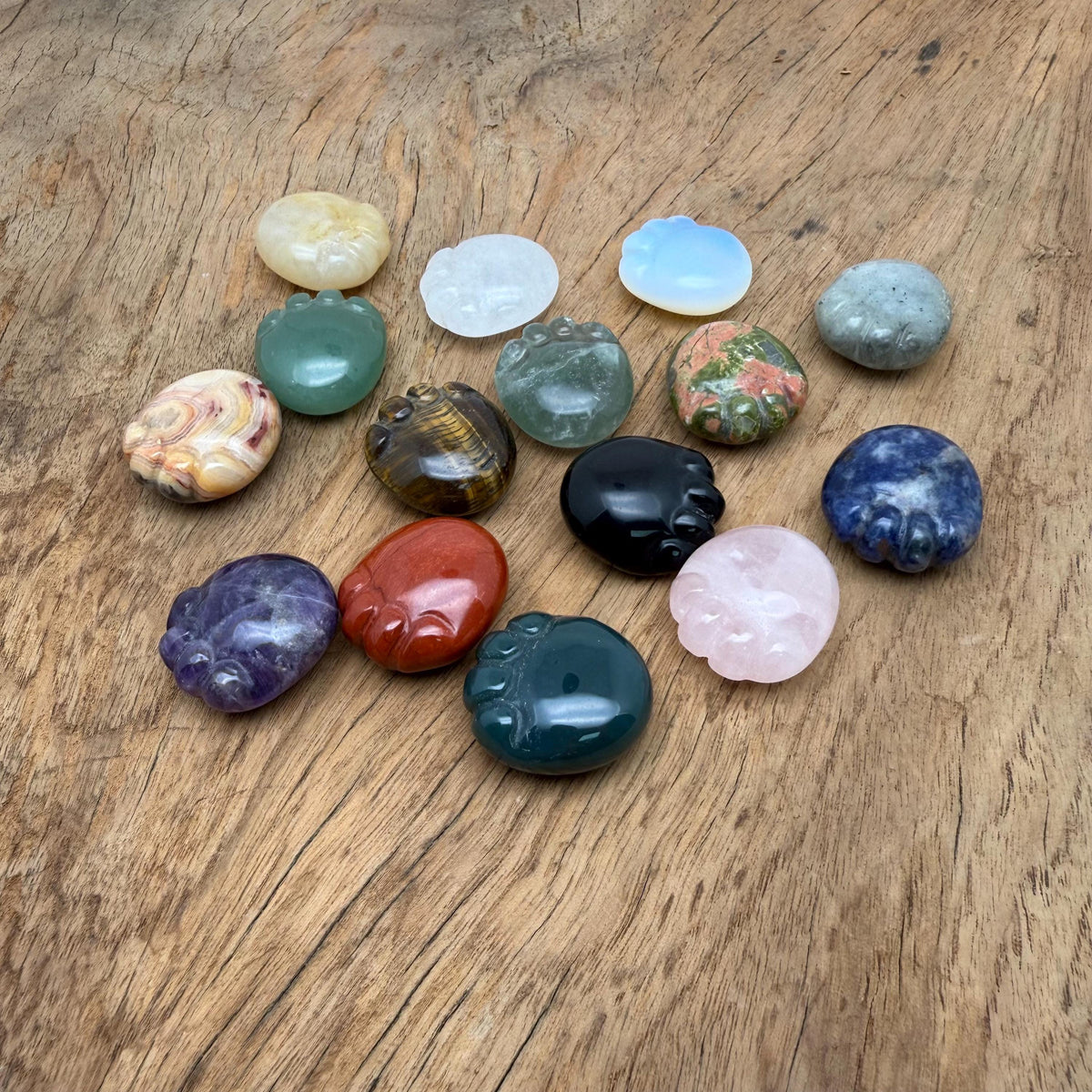 Handmade gemstone crystal cat paw animal figure, carved 25mm, with colorful mixed stones, by GemstoneGO.