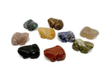 Handmade carved crystal frog animal figure from GemstoneGO, 30mm size, featuring a colorful mixed gemstone design.