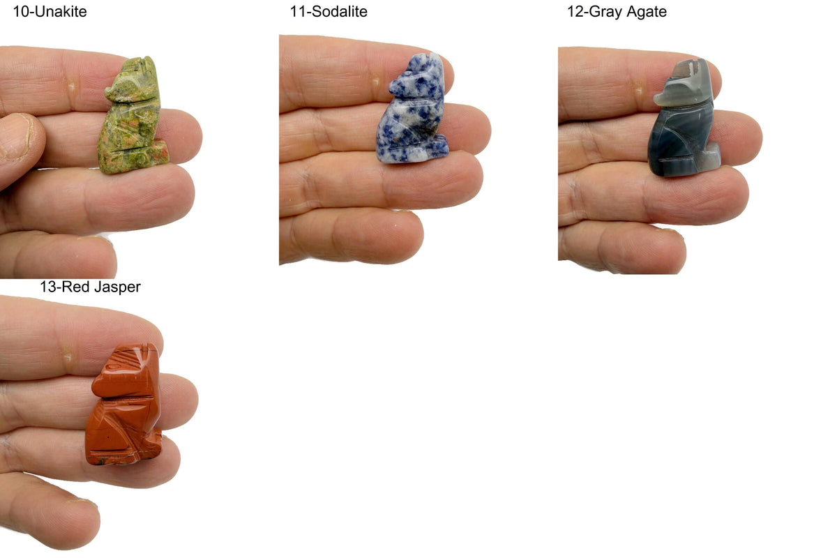 Handmade carved crystal wolf animal figure, 30mm, gemstone collectible from GemstoneGO, featuring detailed craftsmanship and natural stone textures.