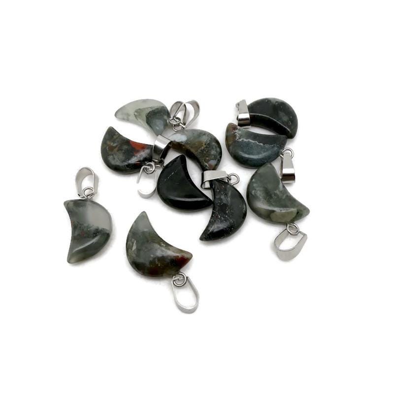 African Bloodstone Moon Crystal pendant from GemstoneGO featuring a polished bloodstone with a moon shape, ideal for jewelry making.