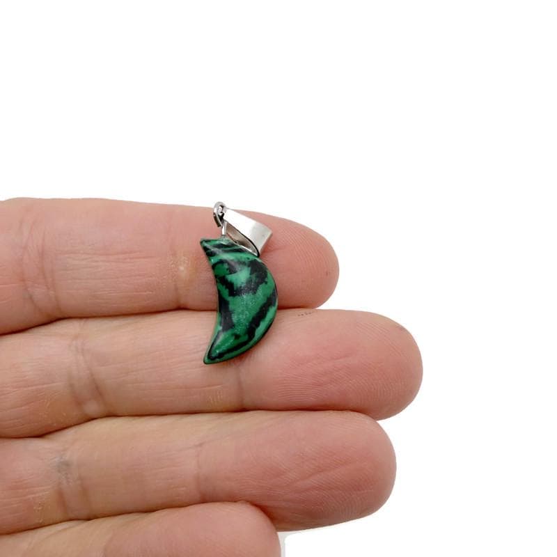 Malachite moon synthetic pendant from GemstoneGO for jewelry making, showcasing a green, polished gemstone pendant with moon shape.