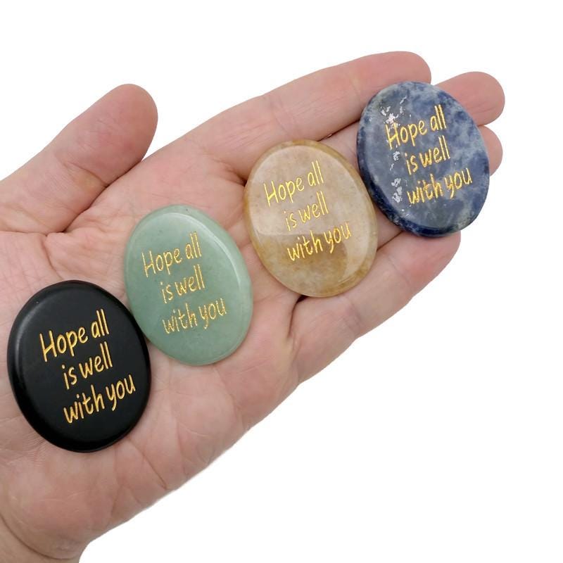 Hope All Is Well With You engraved crystal pocket stone from GemstoneGO, featuring a polished, clear gemstone with engraved message inside.