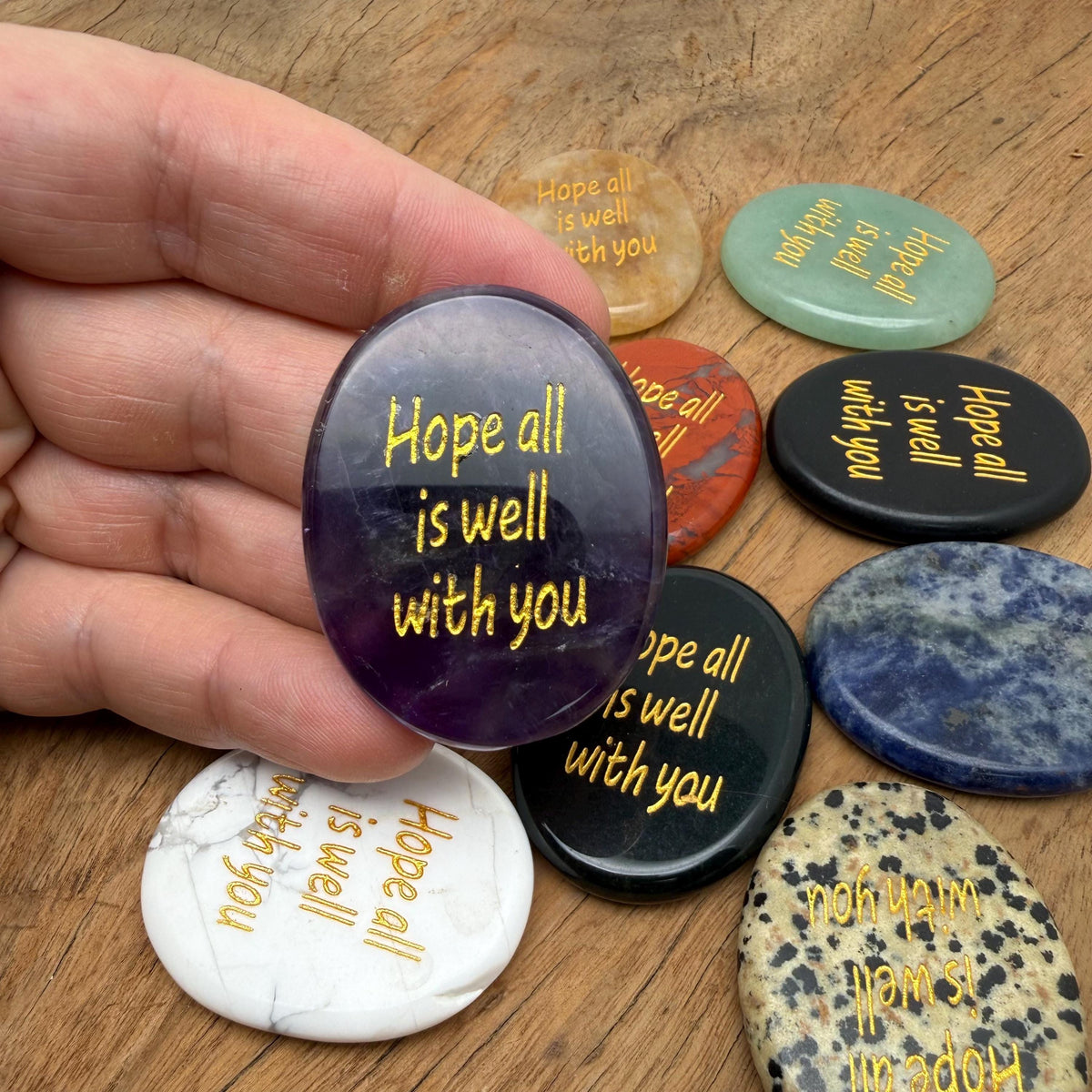 Hope All Is Well With You engraved crystal pocket stone by GemstoneGO, showcasing a polished, engraved healing gemstone for positive energy.