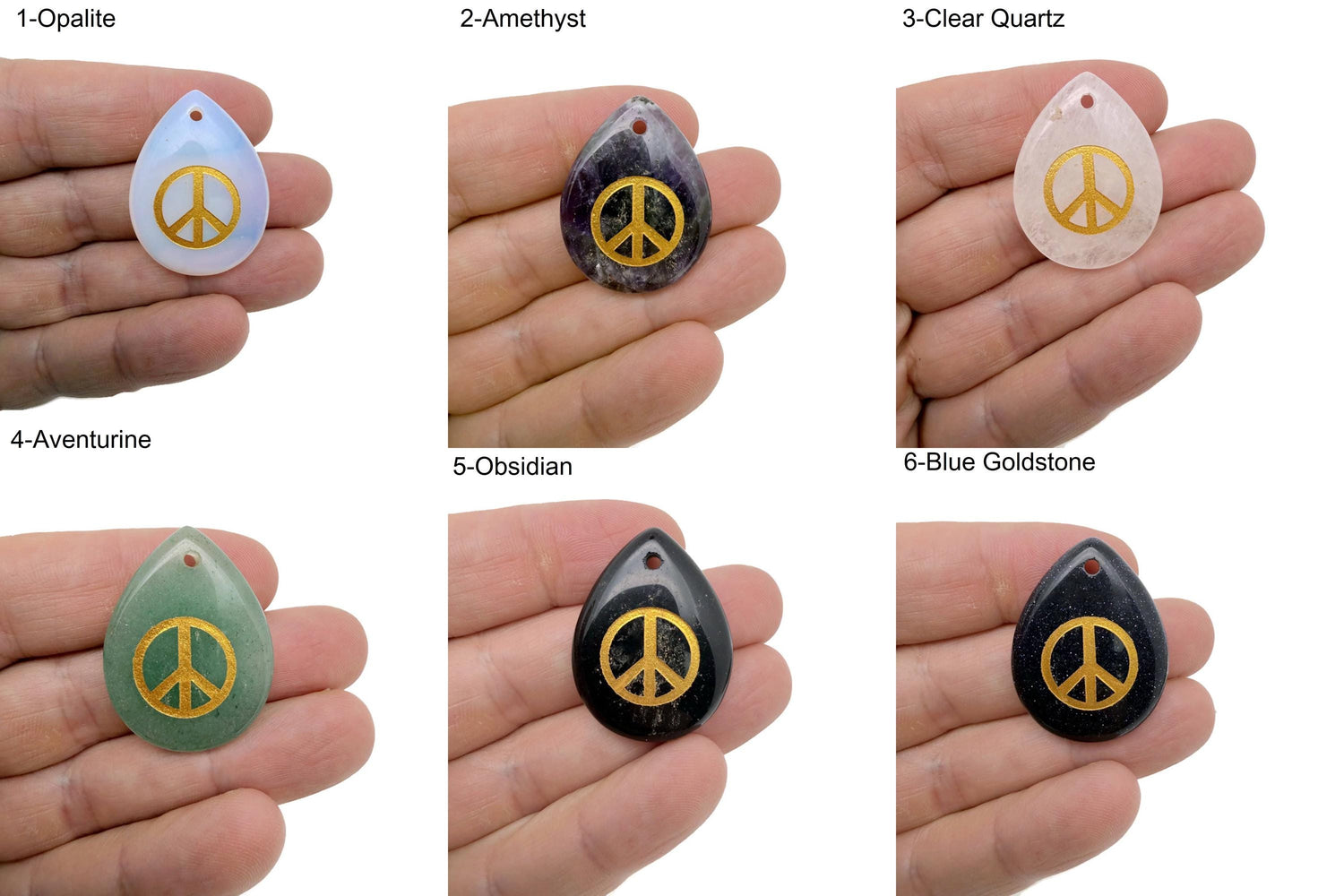 Engraved crystal peace symbol charm from GemstoneGO with drilled hole for positive energy, calm, and harmony.
