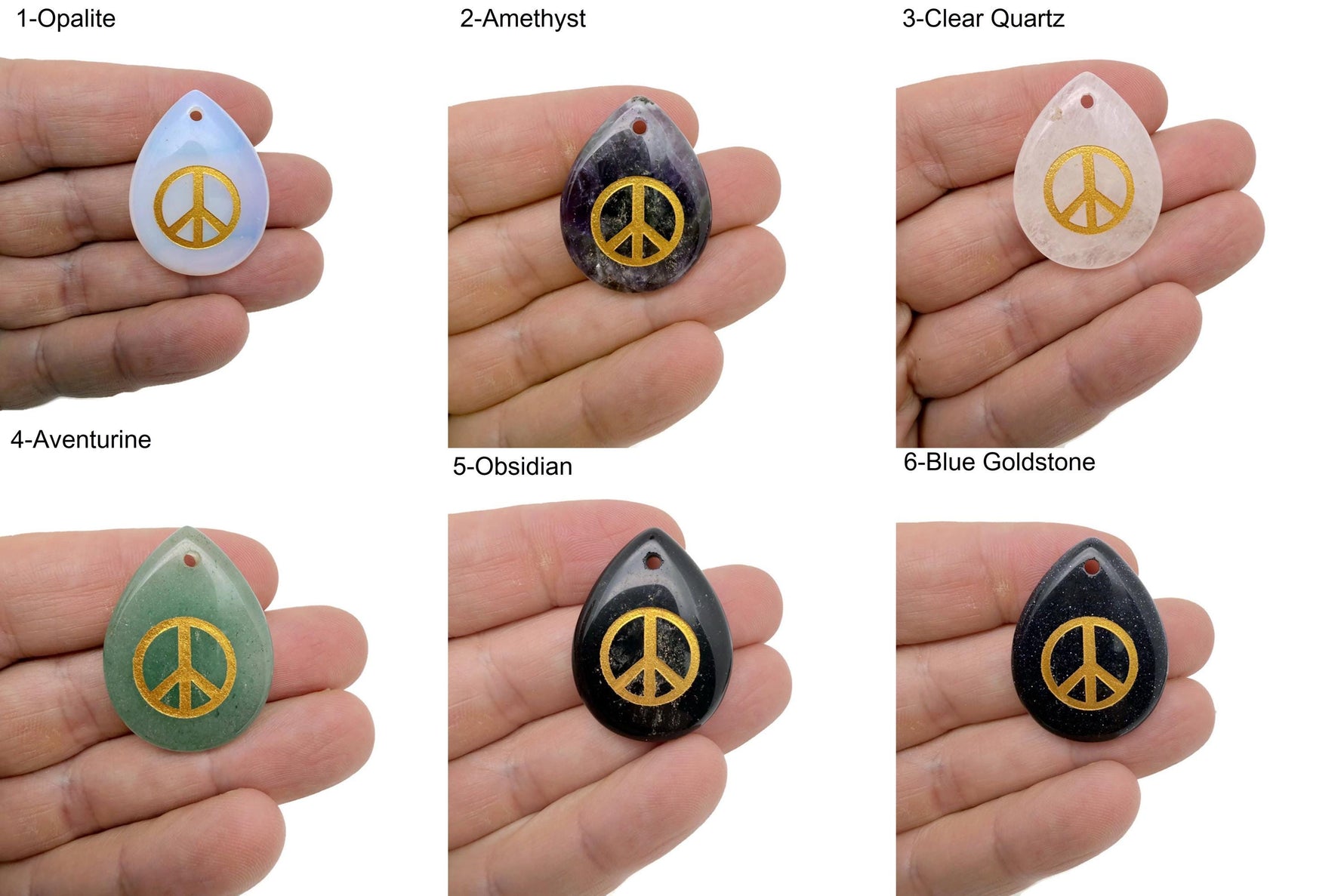 Engraved crystal peace symbol charm from GemstoneGO with drilled hole for positive energy, calm, and harmony.