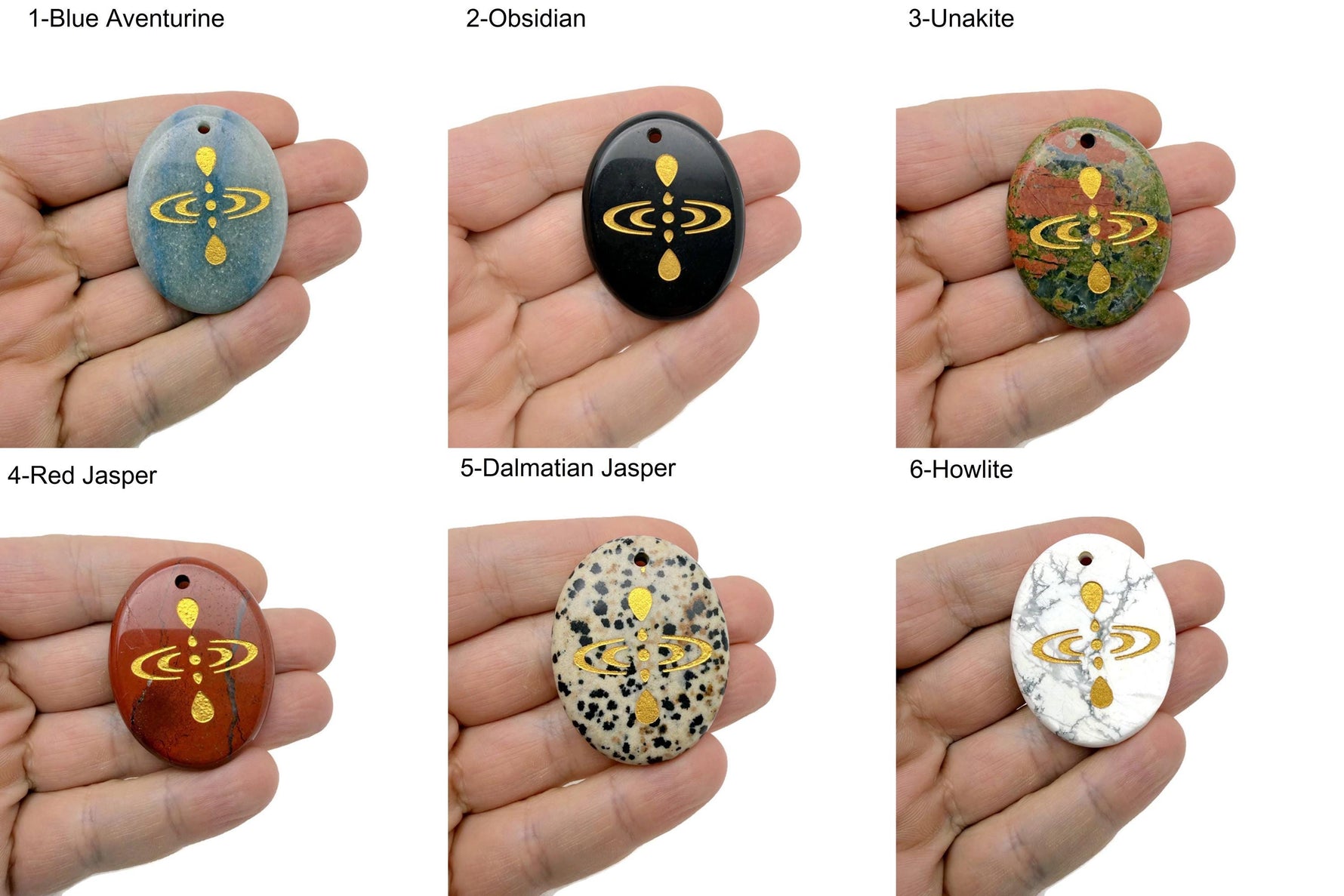Drilled cosmic energy symbol engraved crystal amulet by GemstoneGO showcasing universe alignment and spiritual gemstone design.
