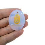 Healing Hands engraved crystal amulet by GemstoneGO, drilled energy healer gift with intricate hand engraving and clear crystal.