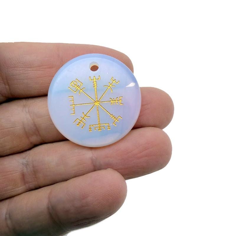 Vegvisir engraved crystal Viking navigation symbol necklace with drilled pendant, gemstoneGO jewelry, detailed and polished.