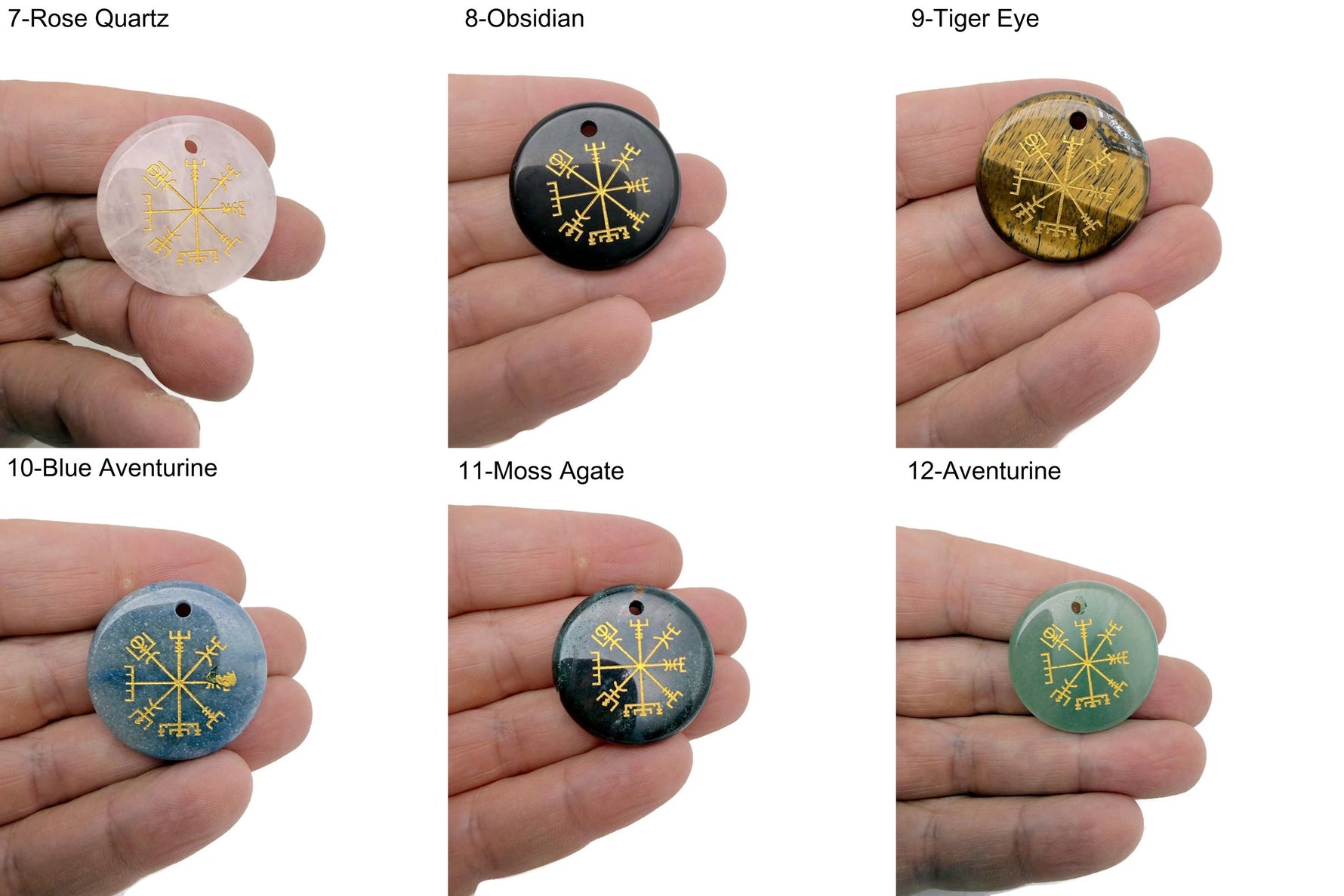 Vegvisir engraved crystal pendant necklace featuring the Viking navigation symbol, drilled for jewelry from GemstoneGO.