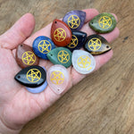 Pentagram engraved clear crystal gemstone drilled for Pagan protection and balance by GemstoneGO