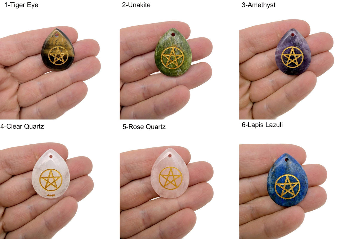 Pentagram engraved crystal gemstone from GemstoneGO, drilled for Pagan protection and balance, with intricate engraved design.