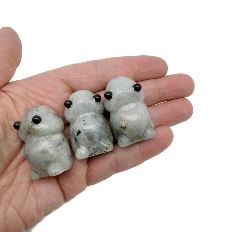 Handcrafted Labradorite frog gemstone carving, detailed creature statue with iridescent stone, created by GemstoneGO.