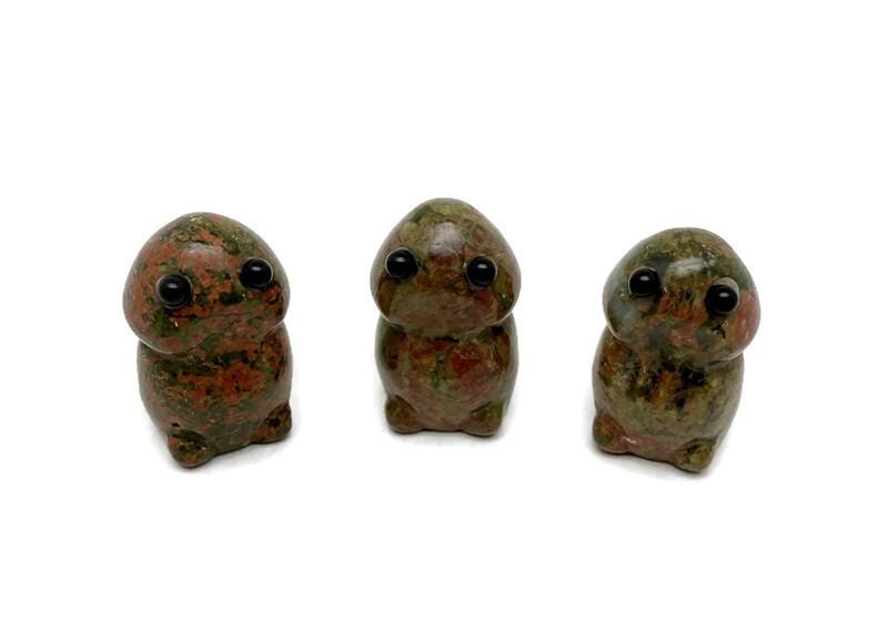 Handcrafted unakite frog monster gemstone carving, detailed creature statue with vibrant green and pink hues, by GemstoneGO.