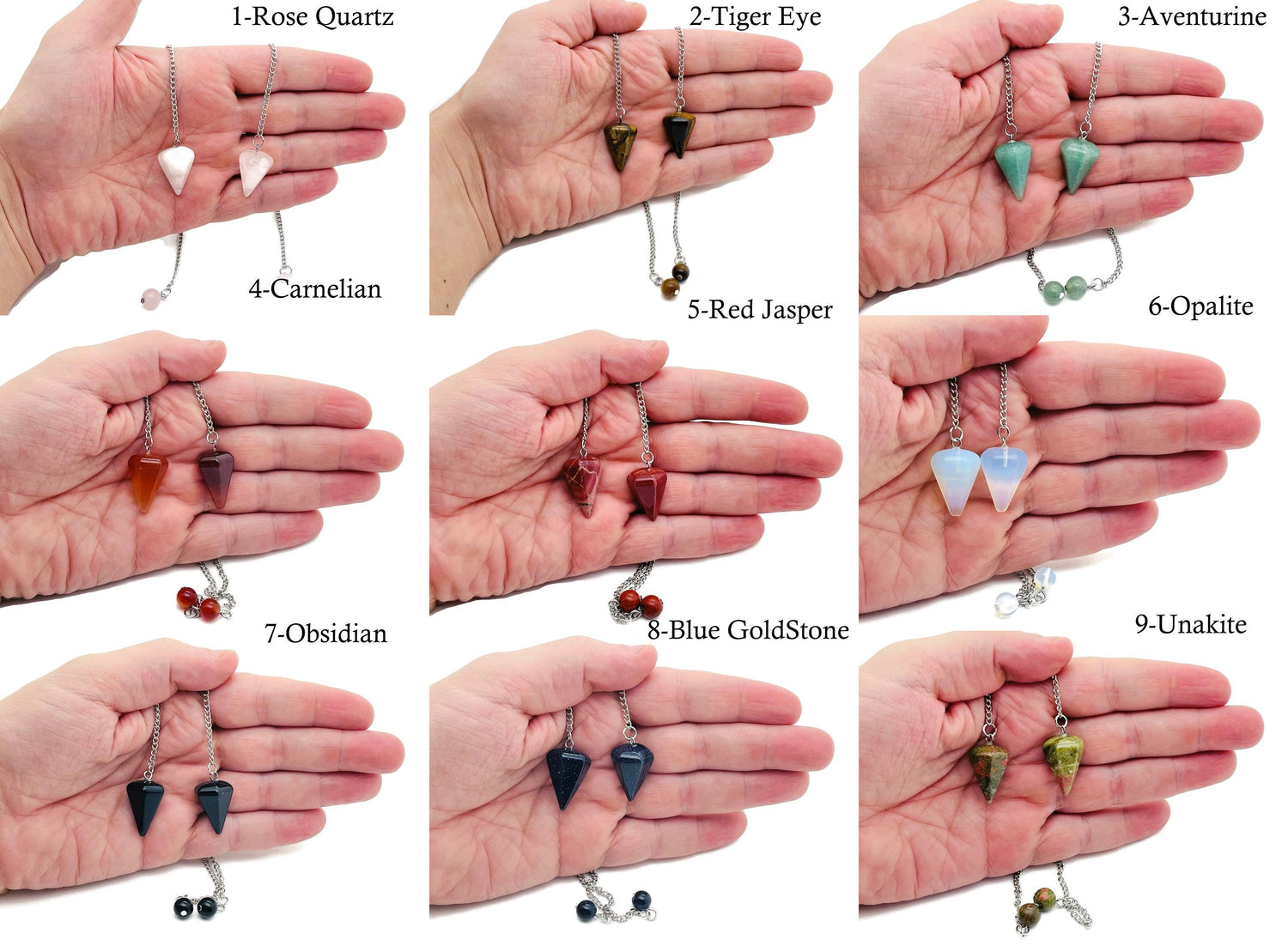 Healing crystal pendulum with stainless steel chain from GemstoneGO, featuring a polished gemstone and a sleek metal chain.