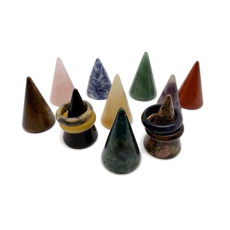 Carved gemstone ring holder cone by GemstoneGO, jewelry display stand for rings, featuring colorful mixed gemstones.