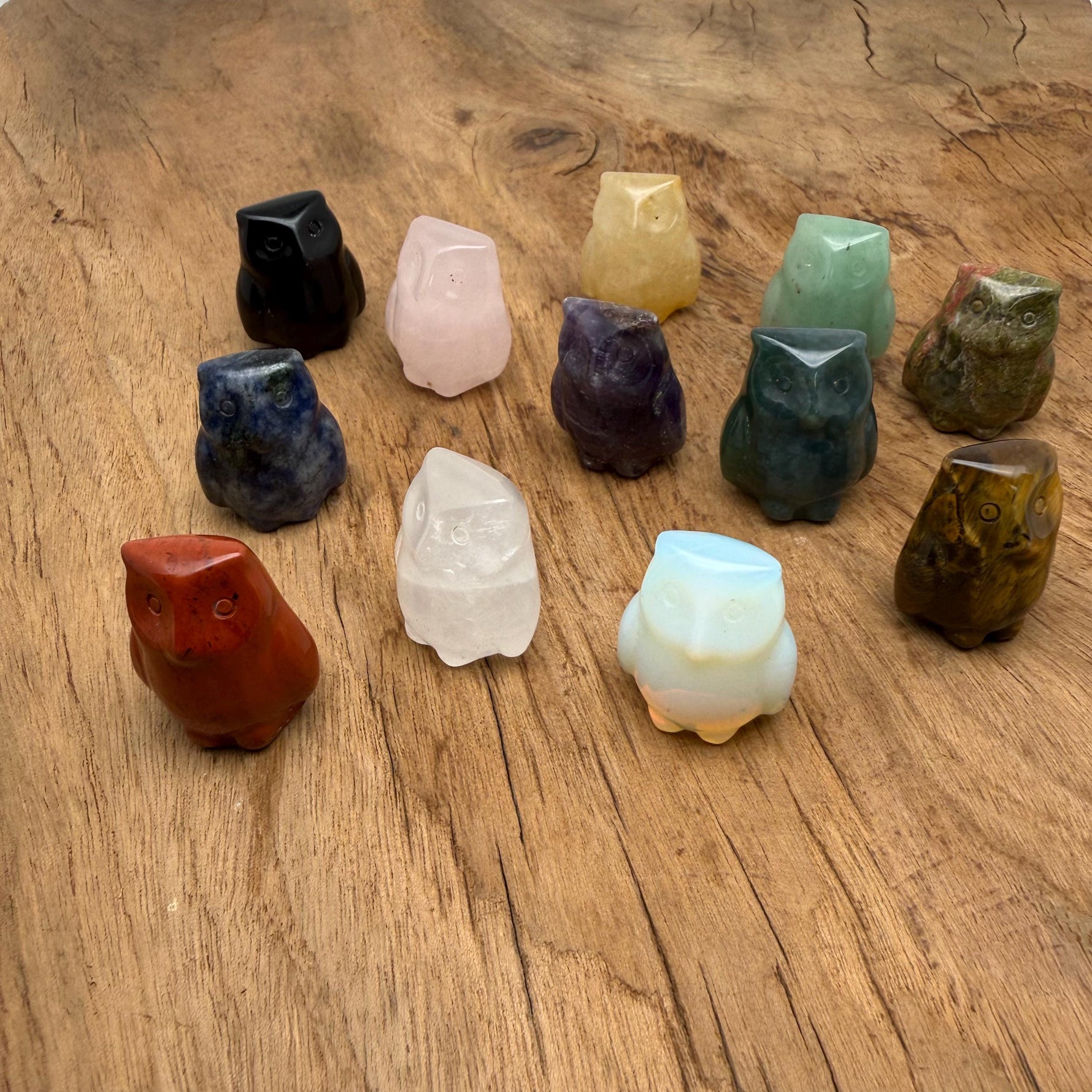Handmade carved crystal owl animal figure, 30mm size, from GemstoneGO, featuring detailed craftsmanship and natural gemstone textures.