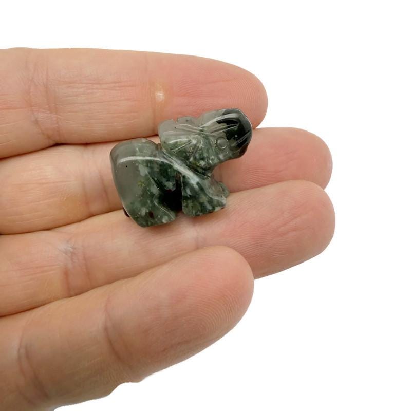 Handmade carved crystal elephant figurine, 30mm, gemstone animal sculpture by GemstoneGO with intricate details.