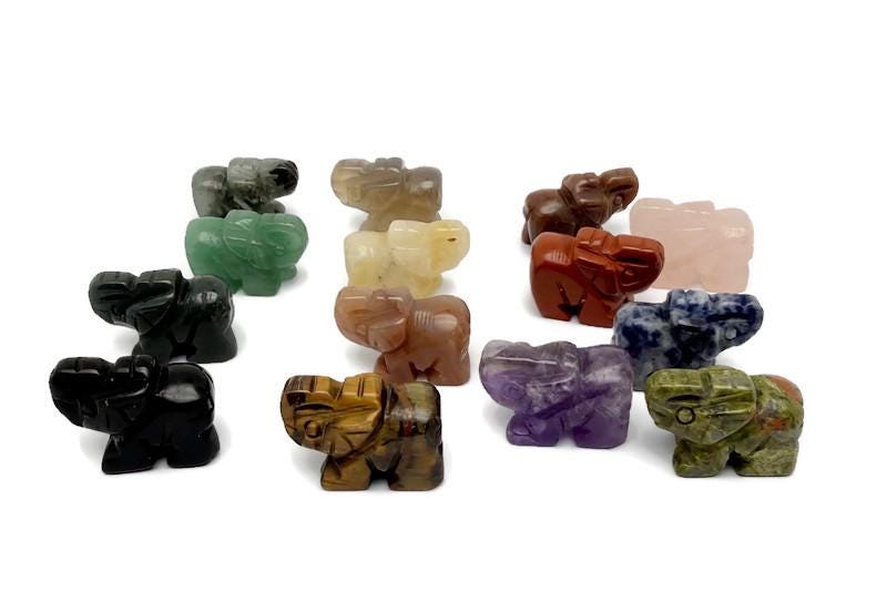 Hand-carved gemstone crystal elephant figurine, 30mm, detailed animal sculpture, by GemstoneGO