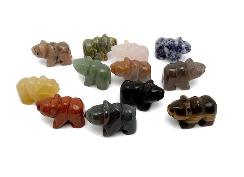 Handmade 30mm crystal bear animal figure by GemstoneGO, carved gemstone with a mix of colorful mineral patterns.