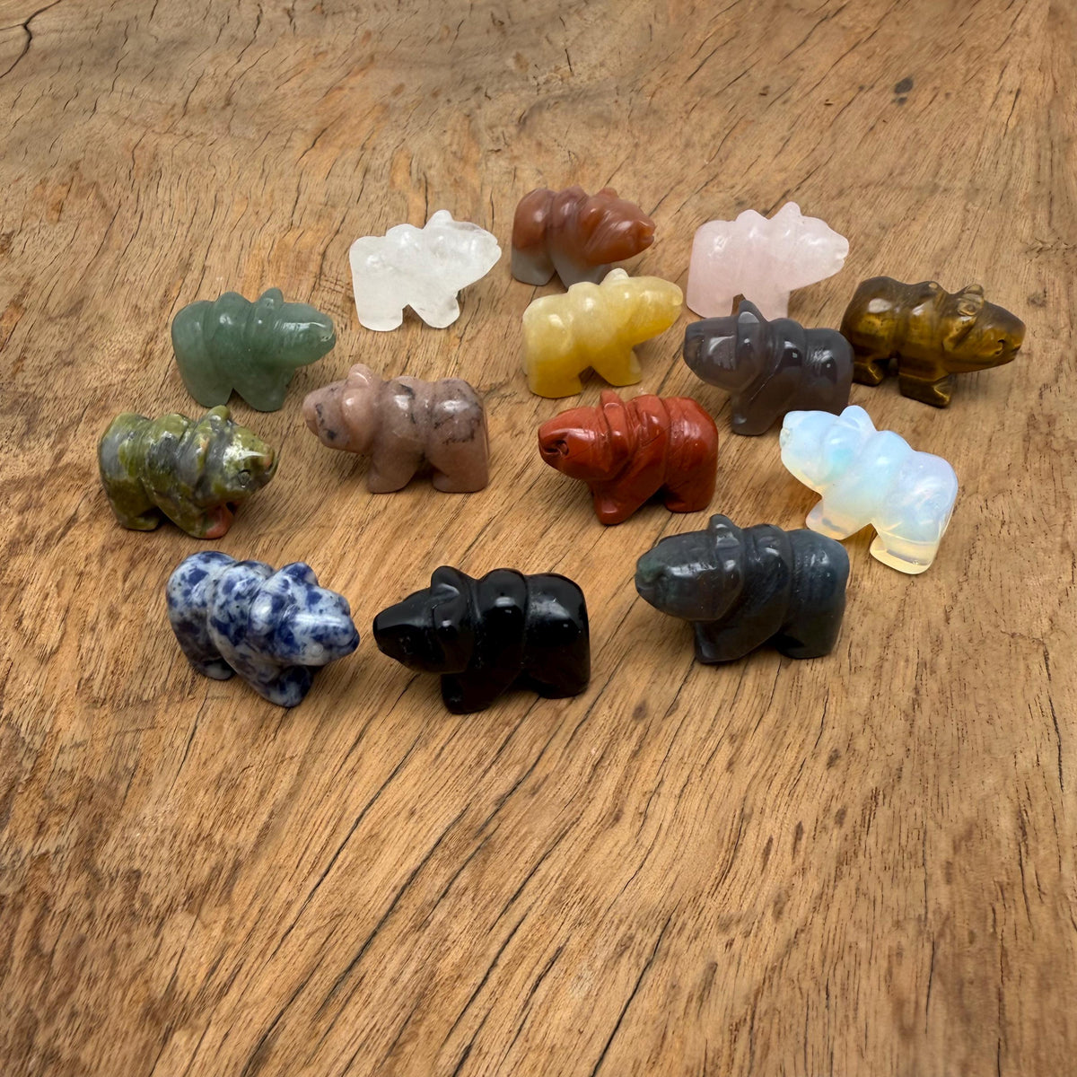 Handmade 30mm crystal bear animal figure by GemstoneGO, carved from colorful gemstones, displaying intricate craftsmanship and natural beauty.