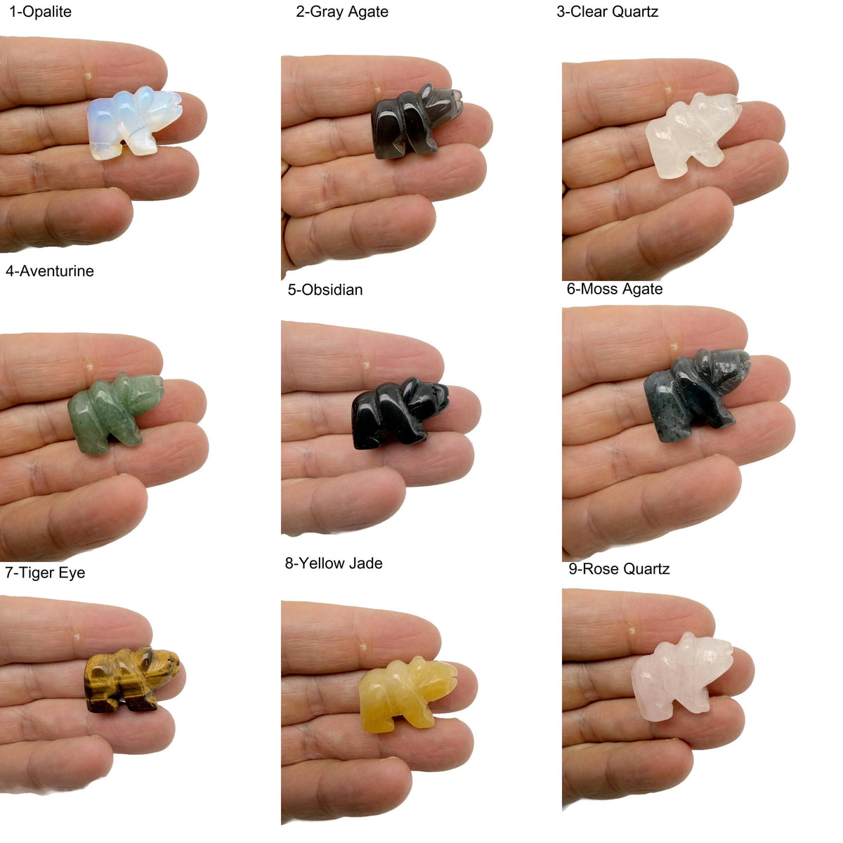 Handmade 30mm crystal bear animal figure by GemstoneGO, carved gemstone with detailed features, in a mix of natural crystal colors.