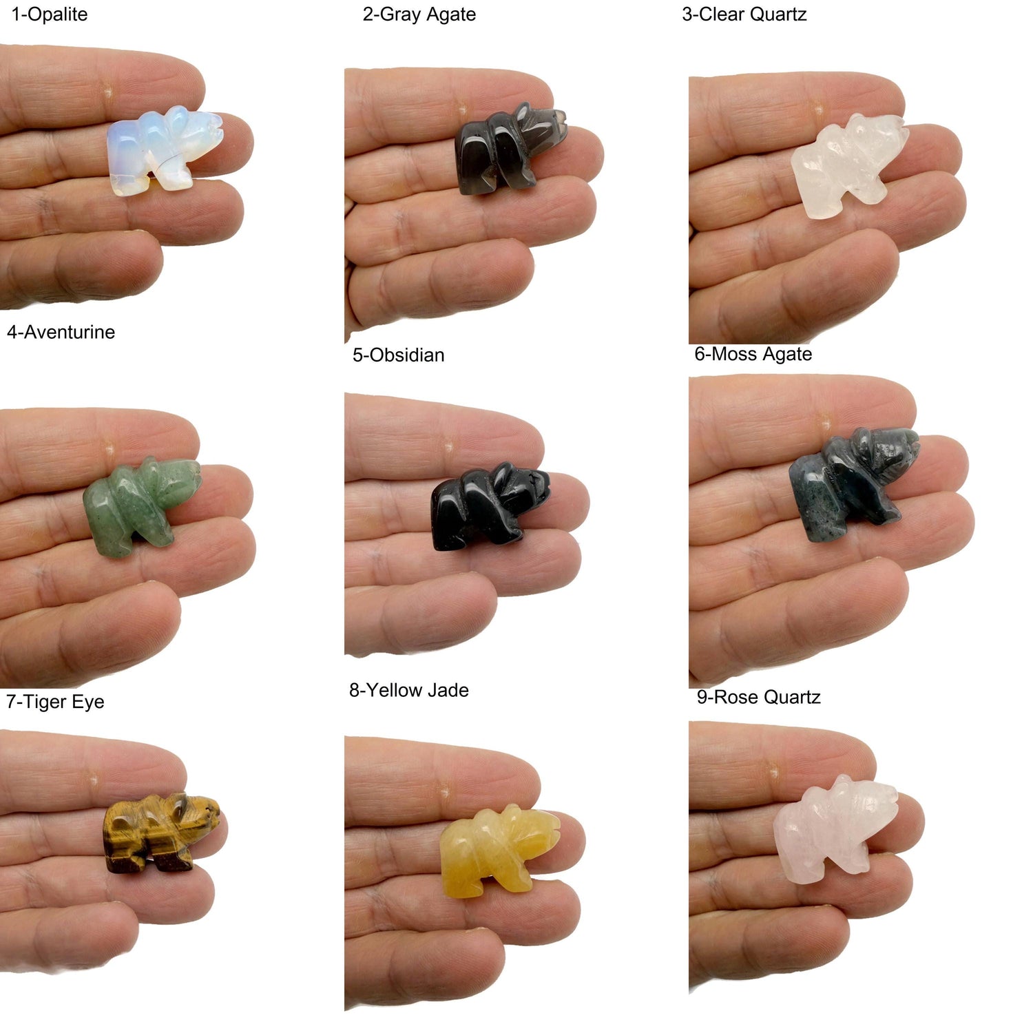 Handmade 30mm crystal bear animal figure by GemstoneGO, carved gemstone with detailed features, in a mix of natural crystal colors.