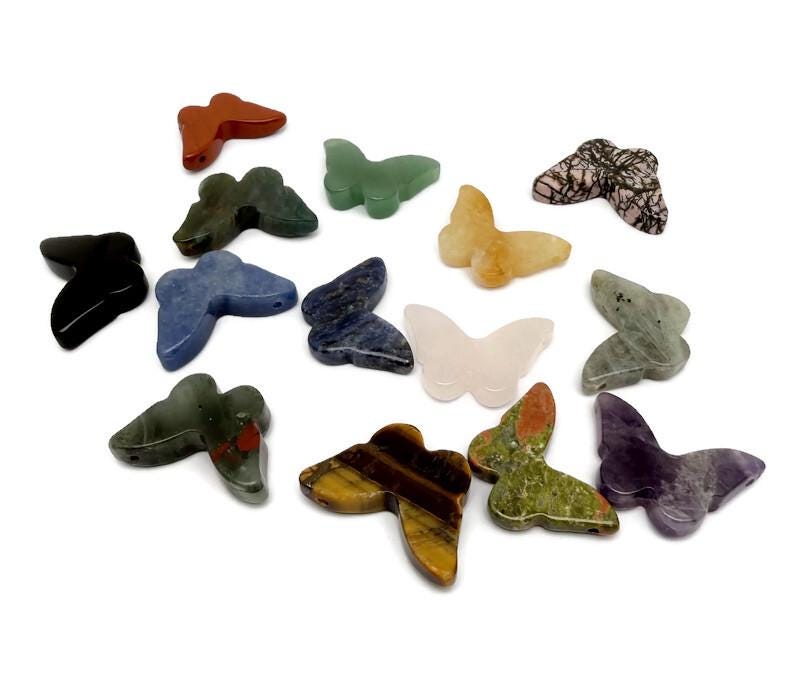 Handmade 30mm crystal butterfly drilled beads in mixed animal figure designs by GemstoneGO, showcasing colorful carved gemstone craftsmanship.