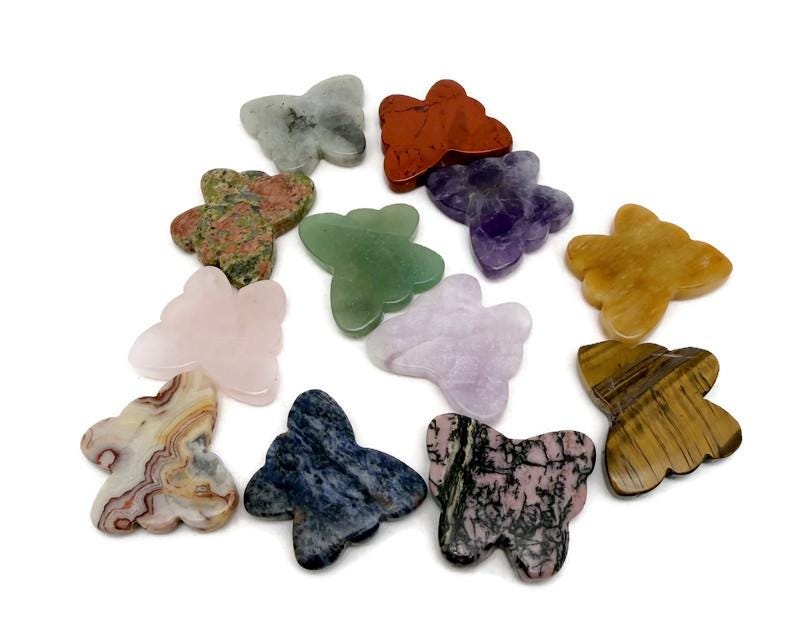 Handmade carved crystal butterfly animal figure by GemstoneGO, 35mm, showcasing intricate details and vibrant gemstone colors.