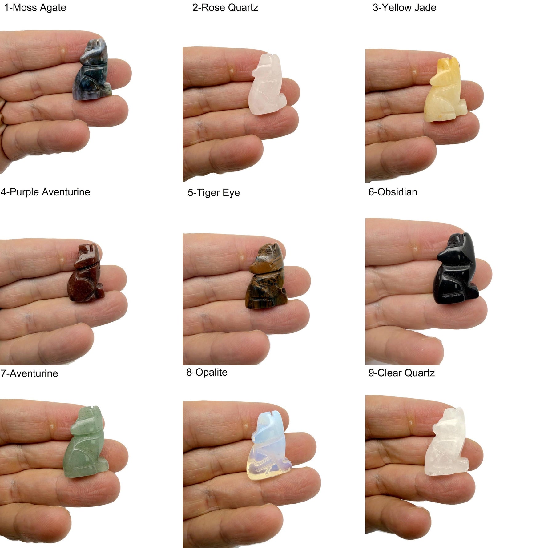 Handmade 30mm crystal wolf animal figure by GemstoneGO, carved gemstone sculpture in a natural pose with mixed colors.