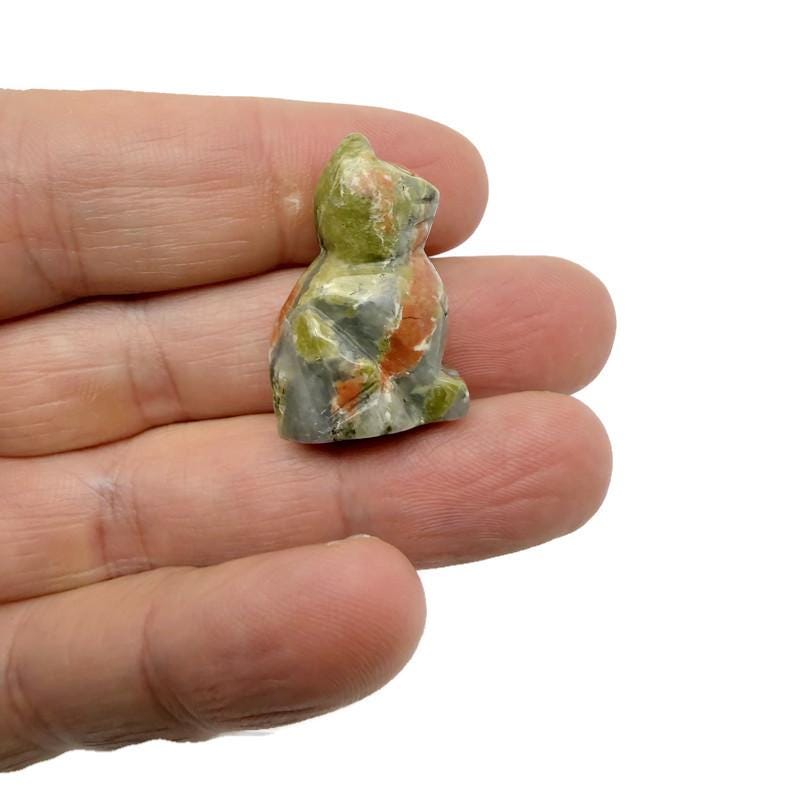 Handmade carved crystal cat animal figure by GemstoneGO, 30mm, featuring a colorful mixed gemstone design.