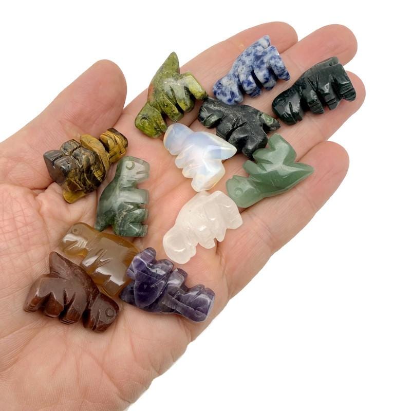 Handmade 30mm Crystal T-Rex dinosaur figure by GemstoneGO, carved gemstone animal sculpture with colorful, detailed design.