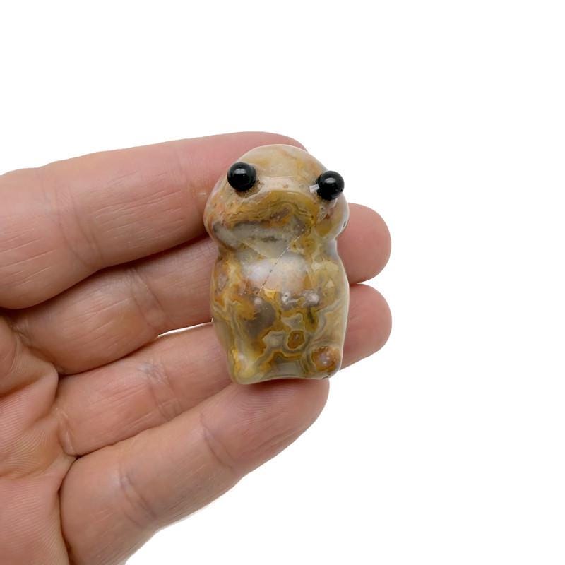 Handcrafted Crazy Lace Agate frog gemstone carving showing vibrant patterns and detailed features on a polished creature statue.