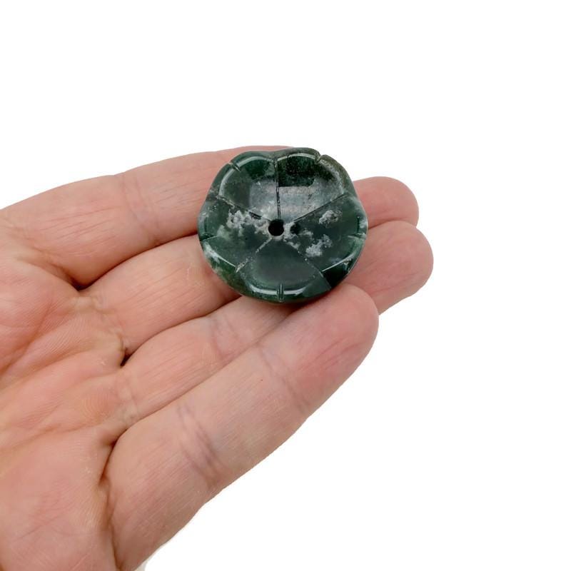 Moss agate crystal flower-shaped incense holder from GemstoneGO, designed for cleansing and relaxation with detailed gemstone carving.