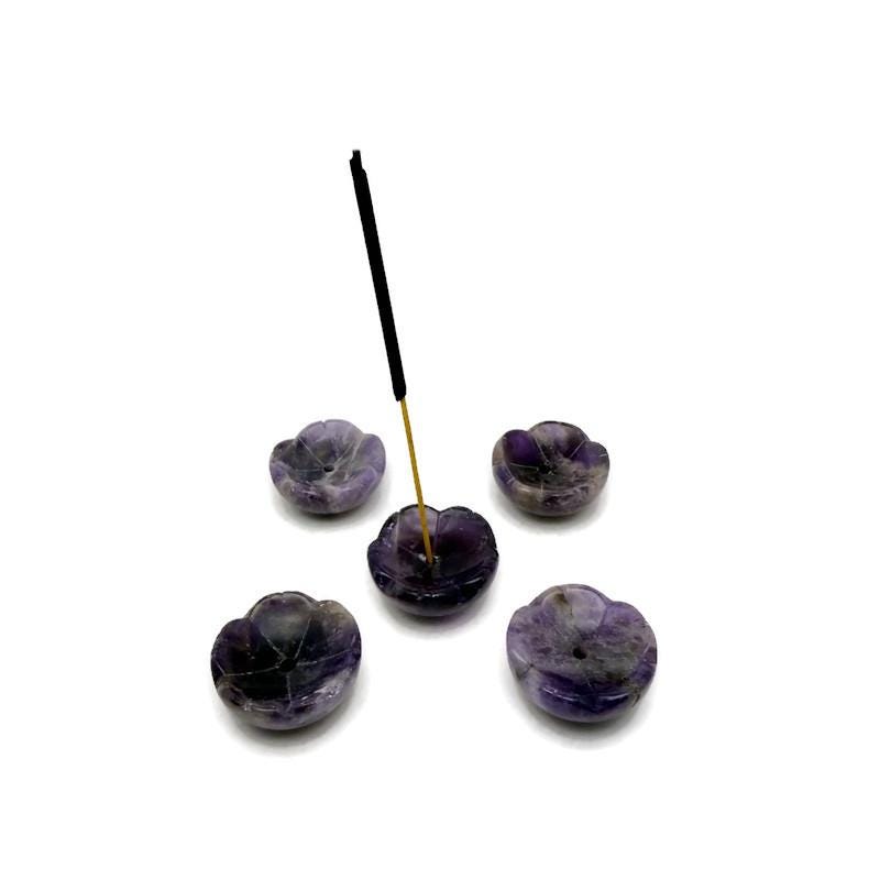 Amethyst crystal flower-shaped incense holder from GemstoneGO, designed for cleansing and relaxation with a detailed carved design.