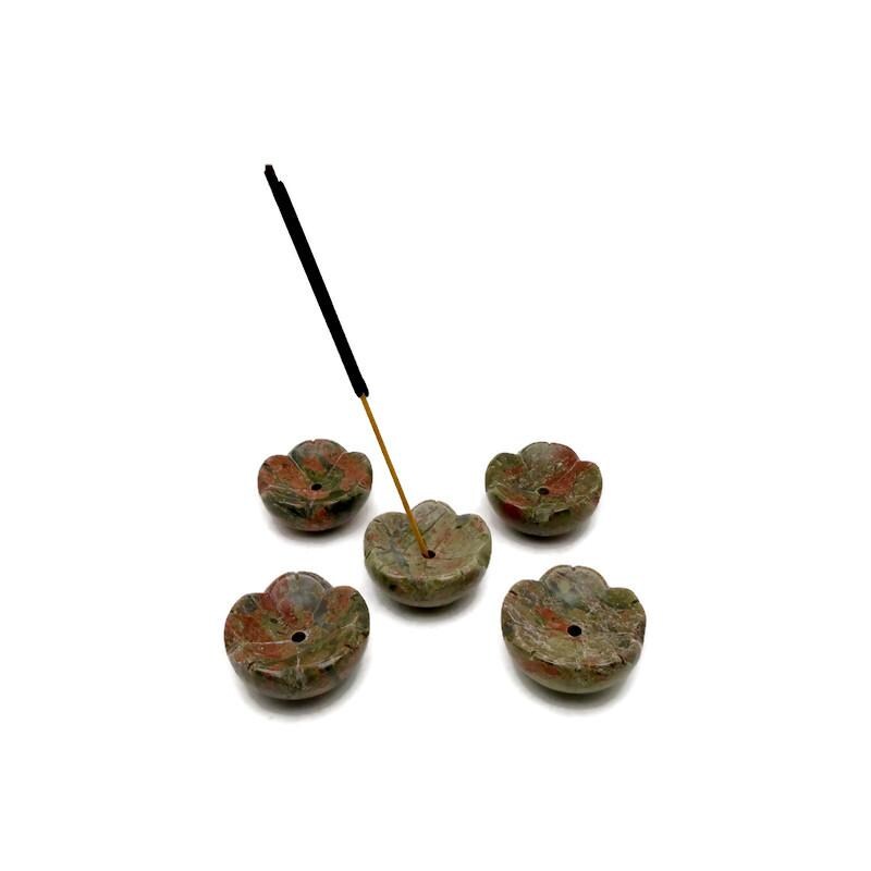 Unakite crystal flower-shaped incense holder from GemstoneGO, designed for cleansing and relaxation with intricate carving detail.
