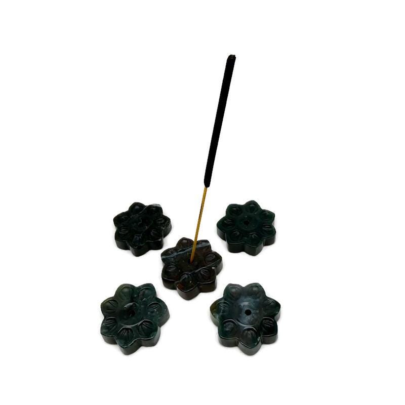 Moss agate natural crystal flower incense holder by GemstoneGO, carved gemstone stick burner for meditation and decorative use.